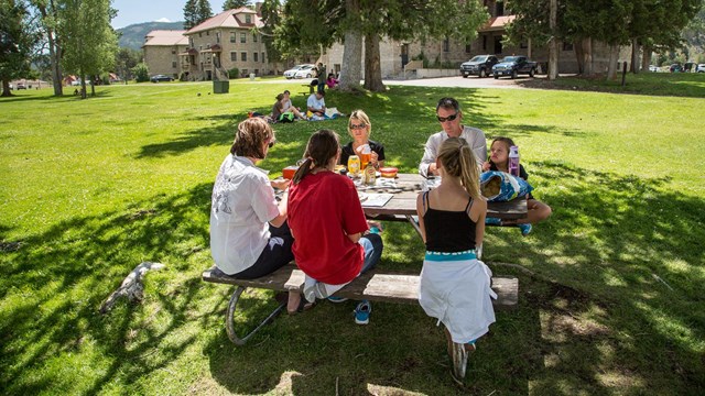 family having a picnic while on their Yellowstone on a budget trip